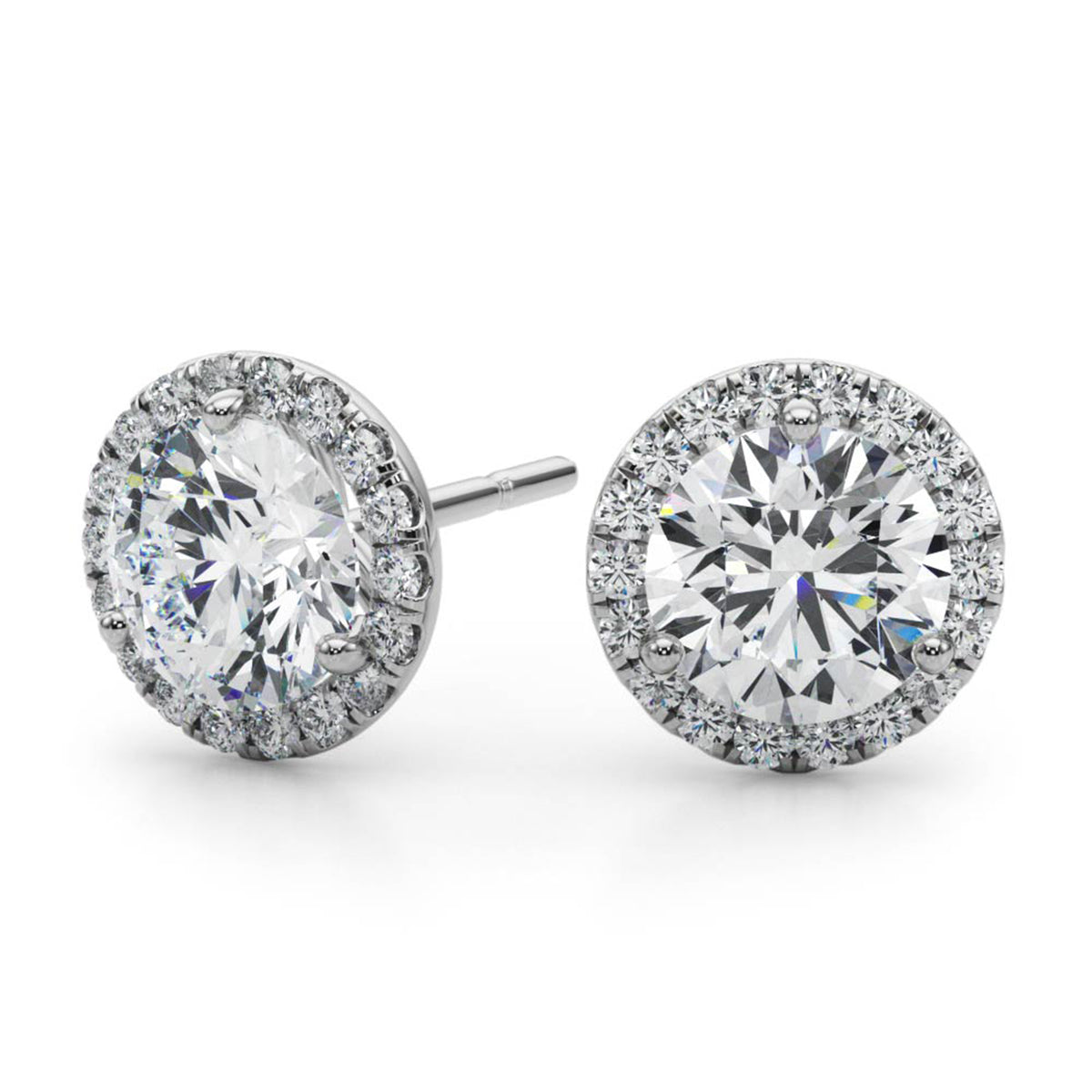 0.5–1.5 CT Round Lab Grown Diamond Stud Earrings in 14K White Gold – Martini Halo Setting – IGI Certified