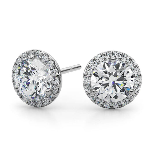 0.5–1.5 CT Round Lab Grown Diamond Stud Earrings in 14K White Gold – Martini Halo Setting – IGI Certified