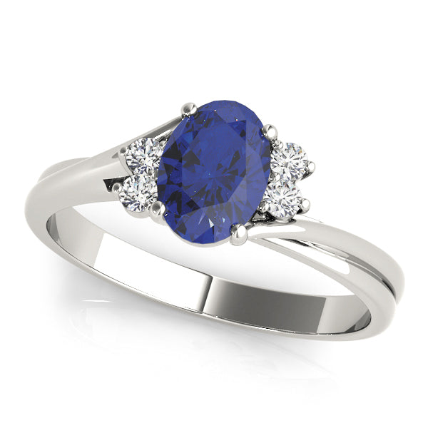 Oval Lab Grown Blue Sapphire Ring with Diamond Accents, 14K White or Yellow Gold, IGI