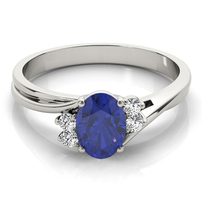 Oval Lab Grown Blue Sapphire Ring with Diamond Accents, 14K White or Yellow Gold, IGI