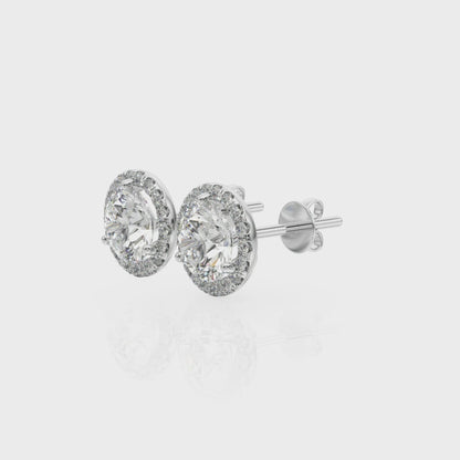 0.5–1.5 CT Round Lab Grown Diamond Stud Earrings in 14K White Gold – Martini Halo Setting – IGI Certified